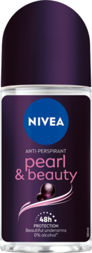 Fioletowy antyperspirant NIVEA Pearl & Beauty w kulce, widok z przodu, 48h ochrony, bez alkoholu.