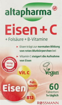 Altapharma Eisen + C, białe pudełko z grafikami Vit. C, B12, Folsäure, z przodu, informacja o 60 tabl.