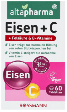 Altapharma Eisen + C 60 tabletek. Zielono-białe opakowanie z przodu, różowa grafika Eisen, napis Vegan.