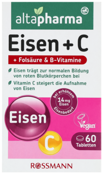 Altapharma Eisen + C 60 tabletek. Zielono-białe opakowanie z przodu, różowa grafika Eisen, napis Vegan.