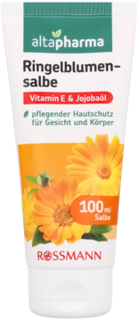 Biała tubka Altapharma Ringelblumensalbe 100ml, widok z przodu, z nagietkami, witaminą E i Jojobaöl.