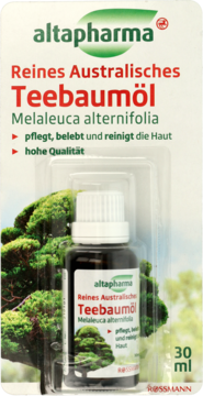 Altapharma czysty australijski olejek z drzewa herbacianego 30ml, w blistrze, ciemna butelka.