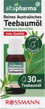 Biało-zielone opakowanie altapharma Reines Australisches Teebaumöl 30ml, czysty, wysokiej jakości, wszechstronny olejek.