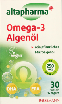 Altapharma Omega-3 Algenöl, zielono-białe pudełko z wegańskimi kapsułkami 250mg EPA & DHA, widok z przodu.
