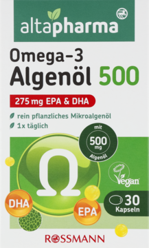 Zielono-białe pudełko Altapharma Omega-3 Algenöl 500 z 275 mg EPA i DHA. Vegan, 30 kapsułek Rossmann.