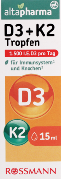 altapharma D3+K2 krople, białe opakowanie z zielono-pomarańczowymi detalami, widok z przodu. 15 ml.