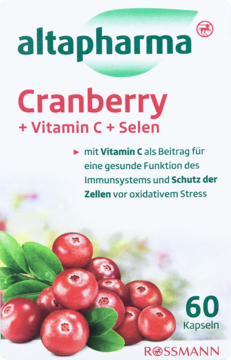 Białe opakowanie altapharma Cranberry + Vitamin C + Selen, 60 kapsułek, z ilustracją żurawin, widok z przodu.