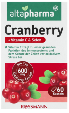 altapharma Cranberry + Vitamin C & Selen, 60 kapsułek. Białe pudełko z grafiką czerwonych żurawin, widok z przodu.