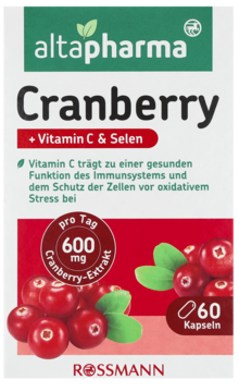 altapharma Cranberry + Vitamin C & Selen, 60 kapsułek. Białe pudełko z grafiką czerwonych żurawin, widok z przodu.