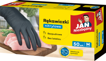Czarne rękawiczki nitrylowe Jan Niezbędny, rozmiar M, 50 sztuk, bezpudrowe, do żywności. Żółte pudełko i dłoń z mięsem.