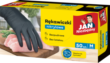 Czarne rękawiczki nitrylowe Jan Niezbędny, rozmiar M, 50 sztuk, bezpudrowe, do żywności. Żółte pudełko i dłoń z mięsem.