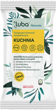 Białe opakowanie Luba Naturals, antybakteryjne ściereczki kuchenne z octem owocowym, zielone liście, widok z przodu.