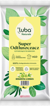 Luba Naturals Super Odtłuszczacz, biodegradowalne ściereczki, bergamotka i herbata, białe opakowanie z liśćmi, z przodu.