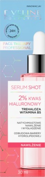 Eveline Serum Shot 2% Kwas Hialuronowy 30ml, serum nawilżające w różowo-niebieskim opakowaniu, widok z przodu.