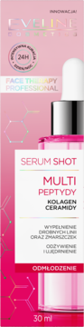 Różowe opakowanie Eveline Serum Shot Multi Peptydy z kolagenem i ceramidami, 30 ml, widok z przodu.