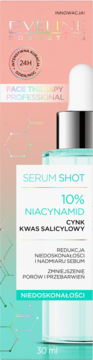Eveline Serum Shot 10% Niacynamid serum 30ml, opakowanie brzoskwiniowo-miętowe, redukuje niedoskonałości.