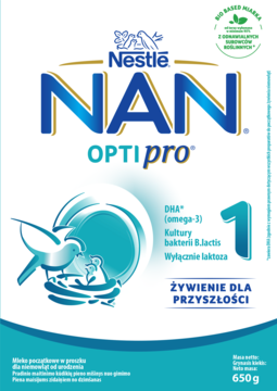 Nestlé NAN OPTIpro 1 mleko początkowe 650g. Biała puszka z niebieskim logo i ptaszkiem, widok z przodu.
