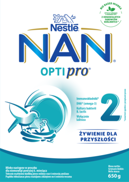 Opakowanie mleka następnego Nestle NAN OPTIPRO 2 dla niemowląt 6m+, białe z grafiką piskląt w gnieździe.