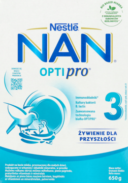 Nestle NAN OPTIPRO 3 mleko modyfikowane, białe pudełko z niebieskimi detalami i ilustracją ptaka, widok z przodu.