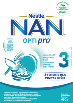 Białe opakowanie mleka modyfikowanego Nestlé NAN OPTIPRO 3 (650g), z niebieskim logo i ptakiem, widok z przodu.