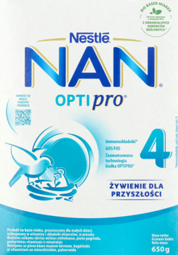 Biało-niebieskie opakowanie mleka modyfikowanego Nestle NAN OPTIPRO 4 (650g), z grafiką ptaków.