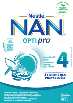 Nestle NAN OPTIpro 4 mleko modyfikowane dla dzieci, biało-niebieskie opakowanie z ptakiem i cyfrą 4, 650g.