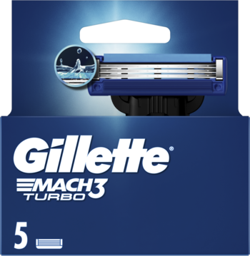 Gillette Mach3 Turbo, 5 ostrzy do maszynki, granatowe pudełko z widocznym niebieskim wkładem z 3 ostrzami, widok z przodu.