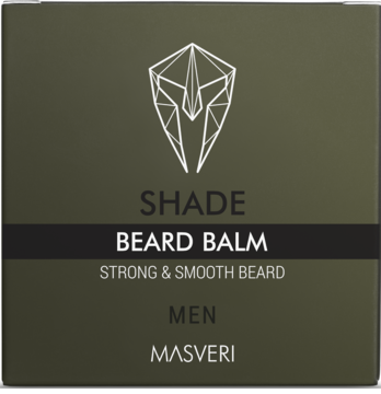 Oliwkowe opakowanie balsamu do brody Masveri SHADE, z białym logo i napisem BEARD BALM. Widok z przodu.