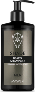 Masveri Shade Beard Shampoo, czarna butelka z pompką, szara etykieta z logo, widok z przodu.