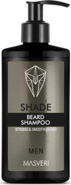 Masveri Shade Beard Shampoo, czarna butelka z pompką, szara etykieta z logo, widok z przodu.