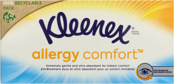 Kleenex Allergy Comfort chusteczki, przód pudełka, żółto-niebieskie tło, recykling, do nosa i oczu.