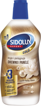 Sidolux Expert Gold, płyn do drewna i paneli, butelka z niebieską nakrętką, woski, perły i kwiat lotosu.