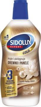 Sidolux Expert Gold, płyn do drewna i paneli, butelka z niebieską nakrętką, woski, perły i kwiat lotosu.
