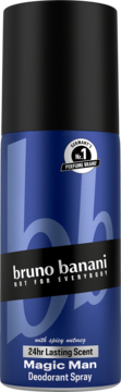 Ciemnoniebieski dezodorant bruno banani Magic Man 24hr Lasting Scent w sprayu, z czarną nakrętką, widok z przodu.
