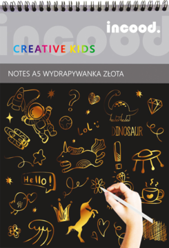 Incood Creative Kids notes A5, złota wydrapywanka. Spiralny blok z czarną okładką i dłonią odkrywającą złote wzory.