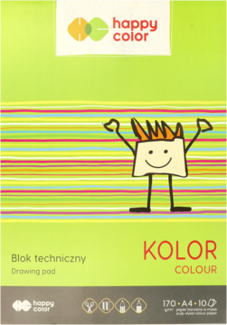 Zielony blok techniczny Happy Color A4 z kolorowymi paskami i radosną postacią, widok z przodu.
