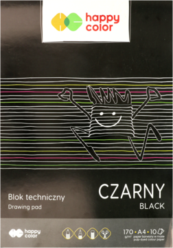 Czarny blok techniczny Happy Color A4, 10 arkuszy, widok z przodu z kolorowym rysunkiem na okładce.