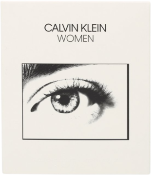 Białe opakowanie wody perfumowanej Calvin Klein Women, z czarnym napisem i rysunkiem przenikliwego oka.