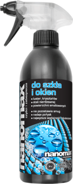 Czarny spray nanomax do szkła i okien, z niebieską grafiką kropel wody na etykiecie, widok z przodu.