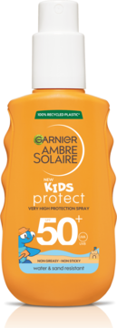 Garnier Ambre Solaire Kids Protect SPF 50+ spray, pomarańczowa butelka z grafiką dinozaura, wodoodporny, widok z przodu.