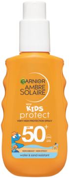 Pomarańczowy spray przeciwsłoneczny Garnier Ambre Solaire Kids Protect SPF 50+, wodoodporny, z żółwiem, widok z przodu.