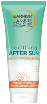Garnier Ambre Solaire Soothing After Sun, biała tuba z turkusową górą, balsam przedłużający opaleniznę, widok z przodu.