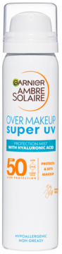 Garnier Ambre Solaire Super UV SPF 50 Protection Mist do makijażu, biała butelka, widok z przodu.