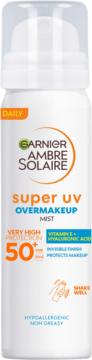 Mgiełka Garnier Ambre Solaire Super UV SPF 50+, chroniąca makijaż, biała butelka z przodu.