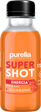 Purella Superfoods Super Shot Energia Imbir + Guarana. Przezroczysta butelka z pomarańczowym napojem, widok z przodu.