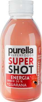 Purella Superfoods Super Shot Energia z imbirem 20% i guaraną. Przezroczysta butelka z białą etykietą, widok z przodu.
