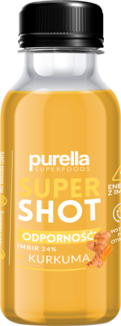 Purella Superfoods Super Shot Odporność z imbirem i kurkumą. Żółty napój w przezroczystej butelce, widok z przodu.