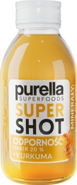 Purella Superfoods Super Shot Odporność Imbir 20% + Kurkuma, pomarańczowy napój w butelce, etykieta z imbirem, front.