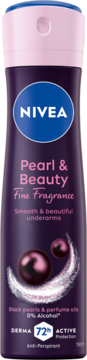 NIVEA Pearl & Beauty antyperspirant, fioletowa butelka z grafiką pereł i różową nakrętką, 72h ochrony, przód.