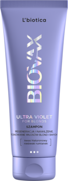 L'biotica Biovax Ultra Violet, fioletowy szampon tonujący do włosów blond i siwych, z kwasem hialuronowym. Przód.